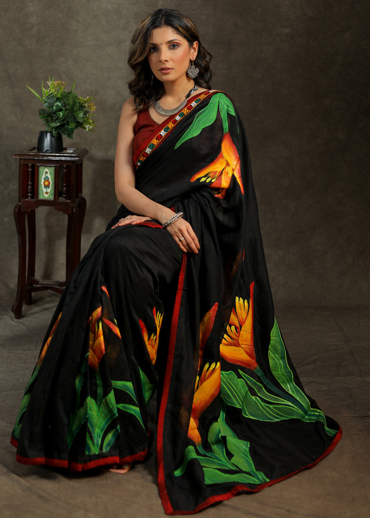 Stylish Cotton black hand painted saree with mirror work border