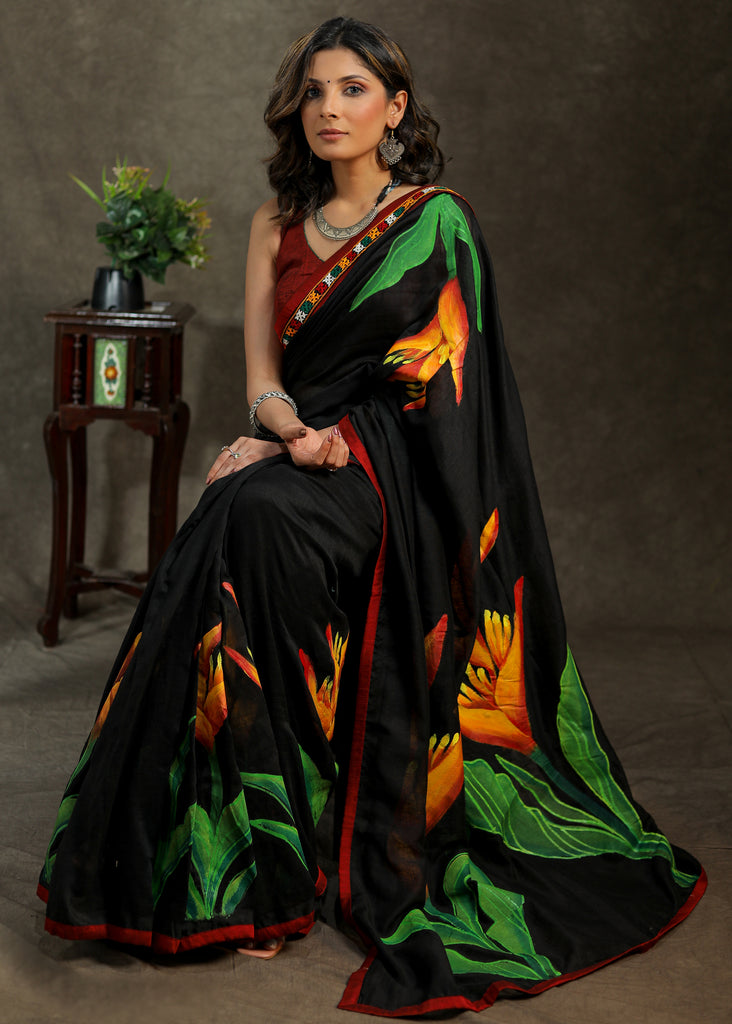 Stylish Cotton black hand painted saree with mirror work border
