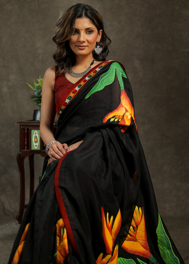 Stylish Cotton black hand painted saree with mirror work border