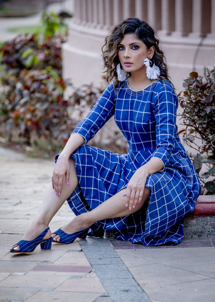Navy blue handloom cotton checkered formal dress with front pocket