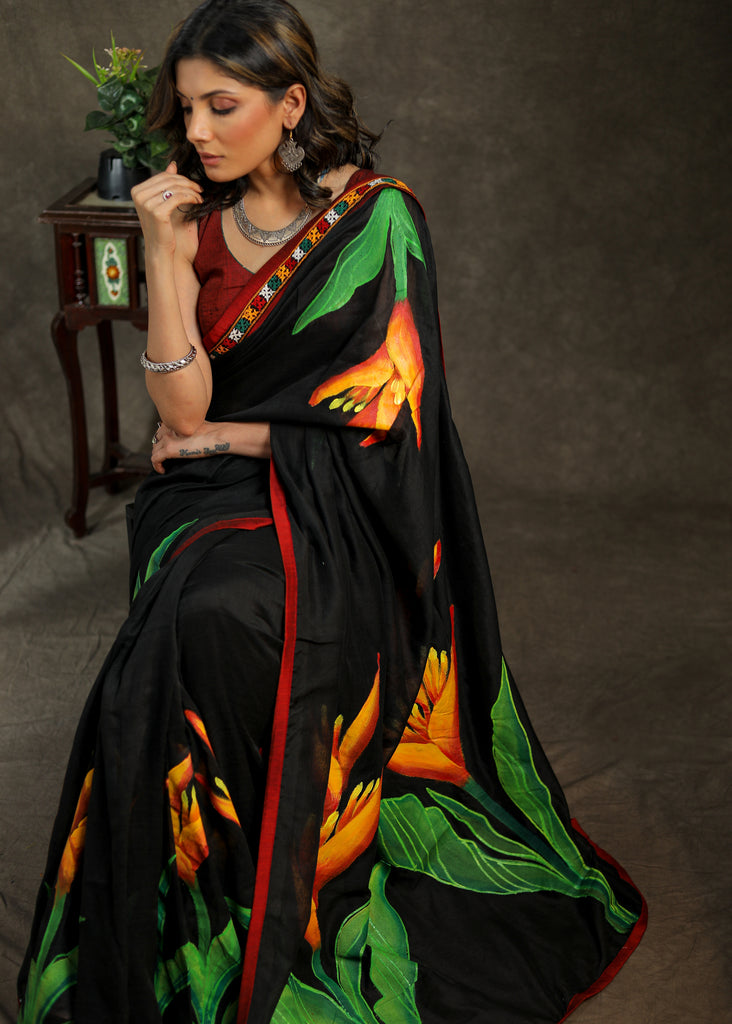 Stylish Cotton black hand painted saree with mirror work border