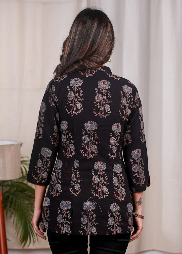 Floral Ajrak Kutch Mirror Work Placket Top