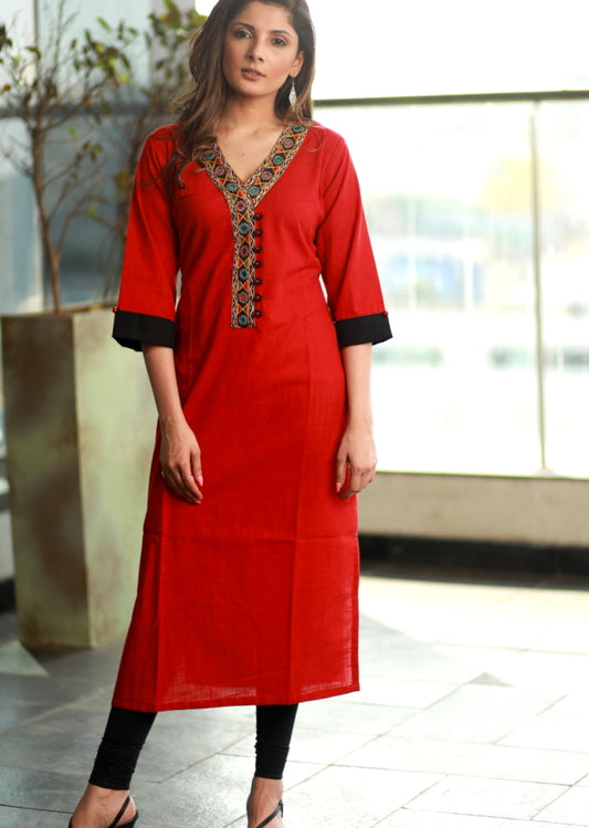 Red straight cut Handloom Kurta with Hand made Kutch mirror work Neckline