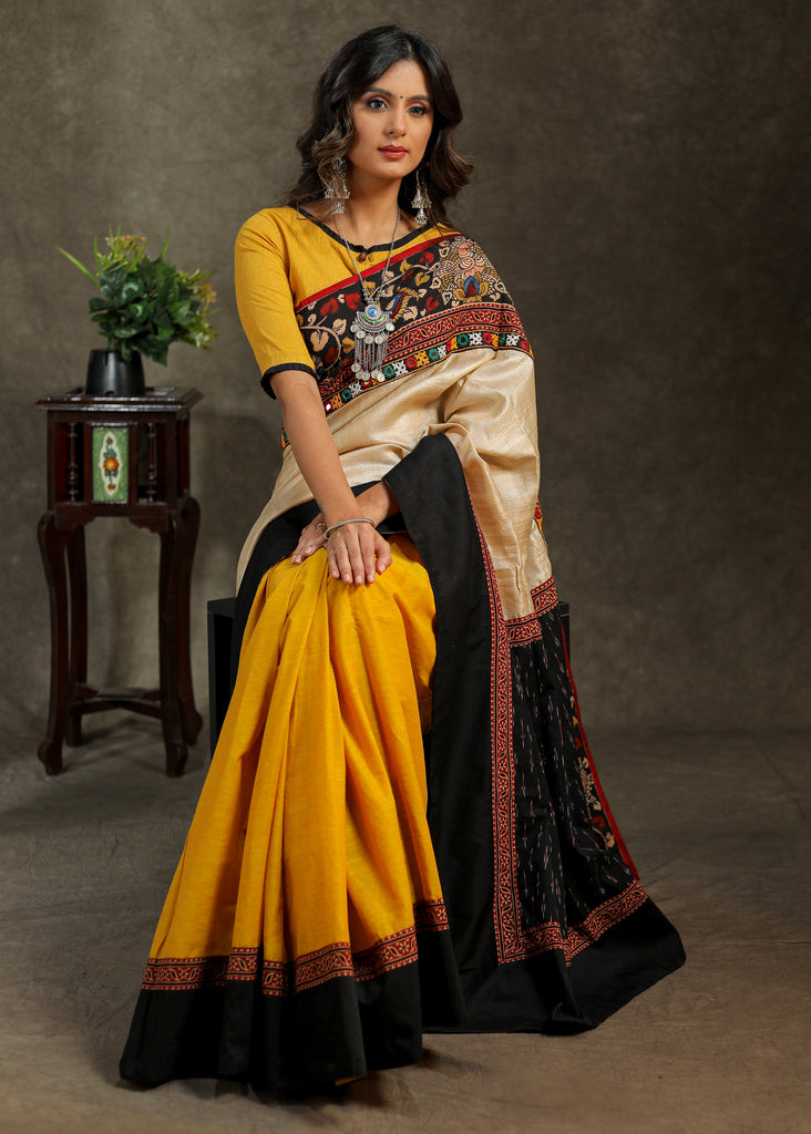 Elegant Cotton mustard and creme saree with black Cotton Ikat Pallu and Kalamkari Border