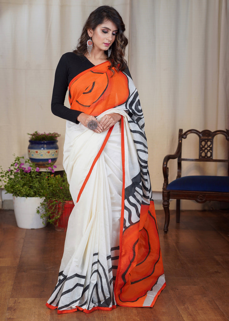 White Chanderi saree with elegant orange rose hand painting
