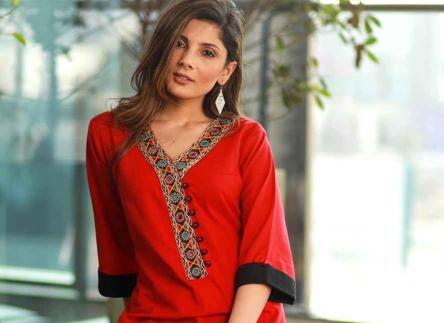 Red straight cut Handloom Kurta with Hand made Kutch mirror work Neckline