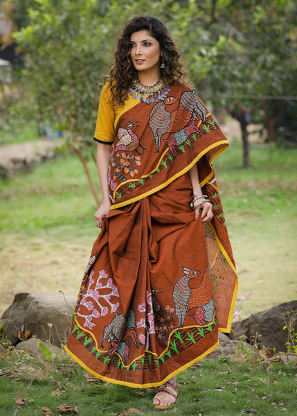 Brown handloom cotton saree with intricate & elaborate gond hand painted border