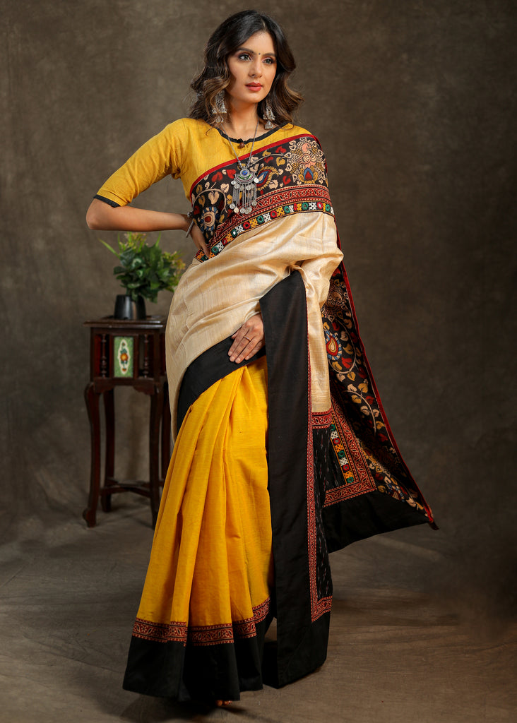 Elegant Cotton mustard and creme saree with black Cotton Ikat Pallu and Kalamkari Border