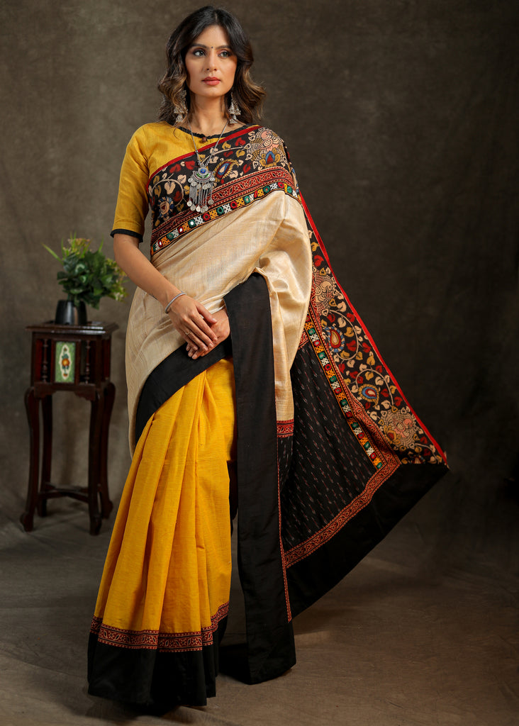 Elegant Cotton mustard and creme saree with black Cotton Ikat Pallu and Kalamkari Border