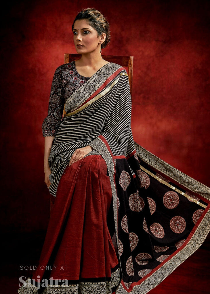 Exclusive handloom Ajrakh block printed designer saree