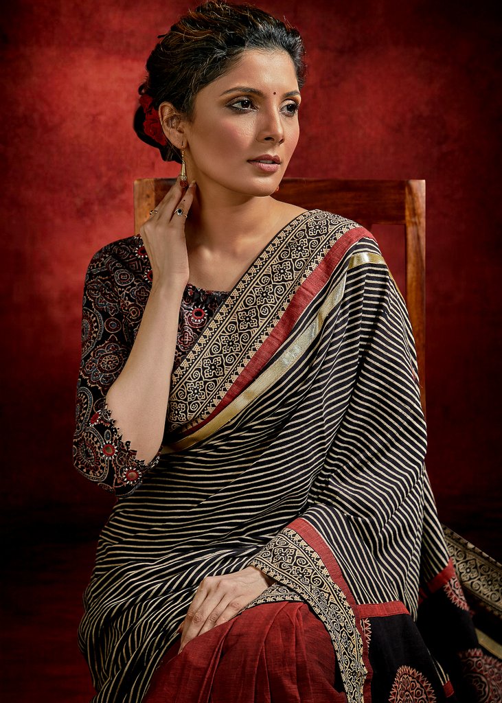 Exclusive handloom Ajrakh block printed designer saree