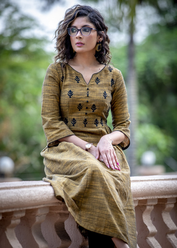 Dark mustard handloom cotton A-line kurta with side gathers & front embroidery