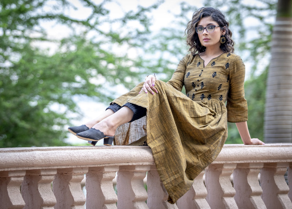 Dark mustard handloom cotton A-line kurta with side gathers & front embroidery