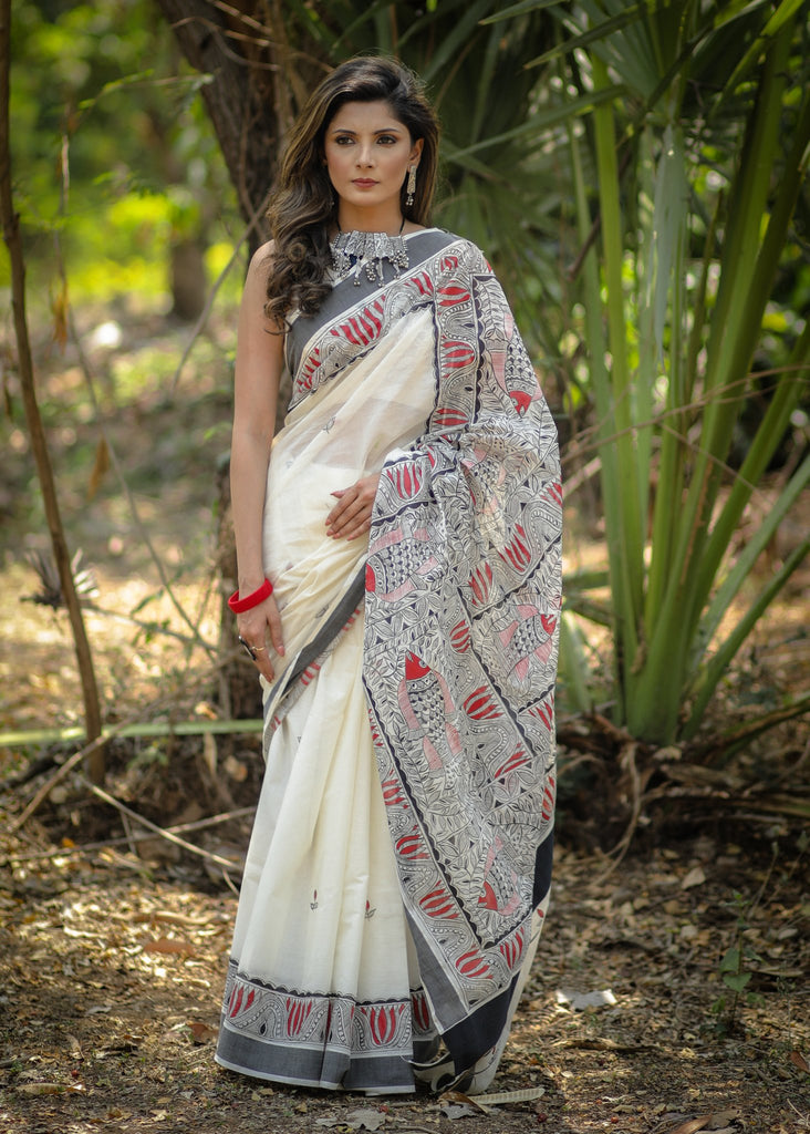 Exclusive pure cotton all over hand painted madhubani saree