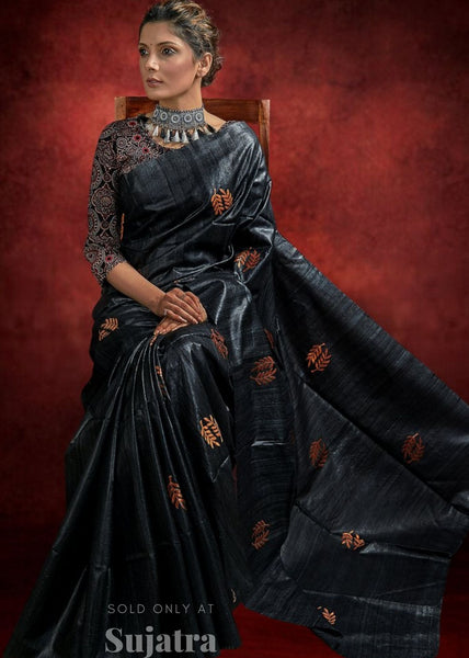 Pure raw silk saree with embroidered motifs