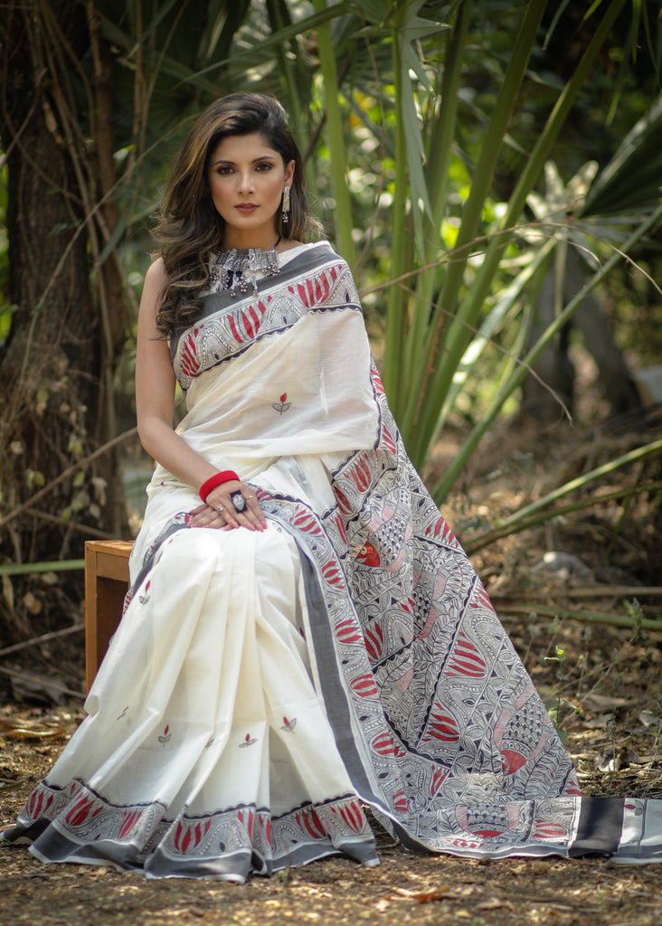 Exclusive pure cotton all over hand painted madhubani saree