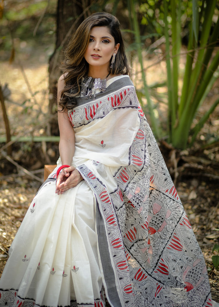 Exclusive pure cotton all over hand painted madhubani saree
