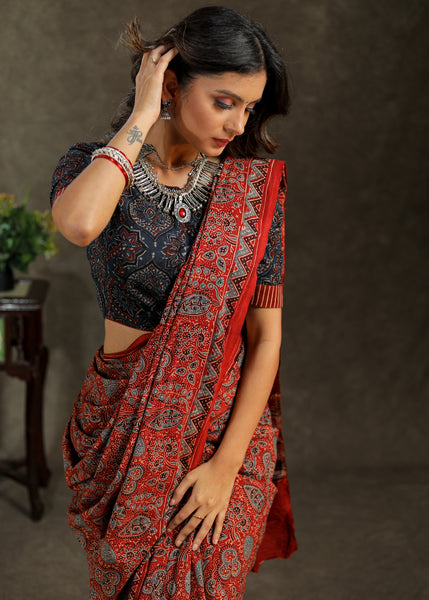 Red and blue Cotton Ajrakh saree