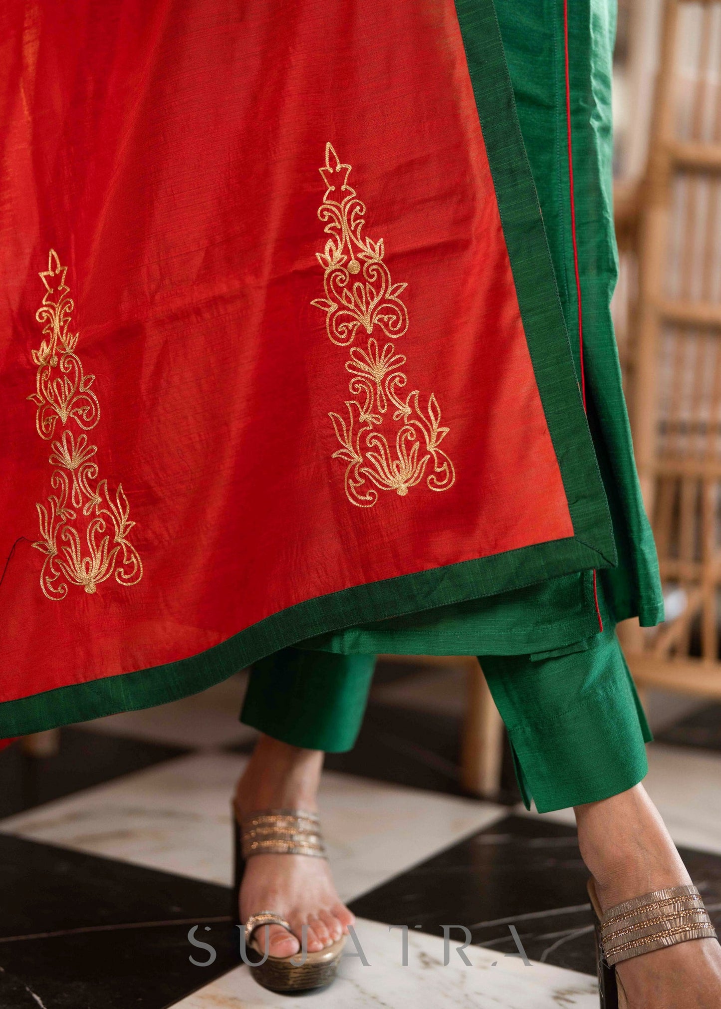 Elegant Emerald Green Cotton Silk pant & Kurta With Red Thread work On Neckline & Sleeves - Dupatta Optional