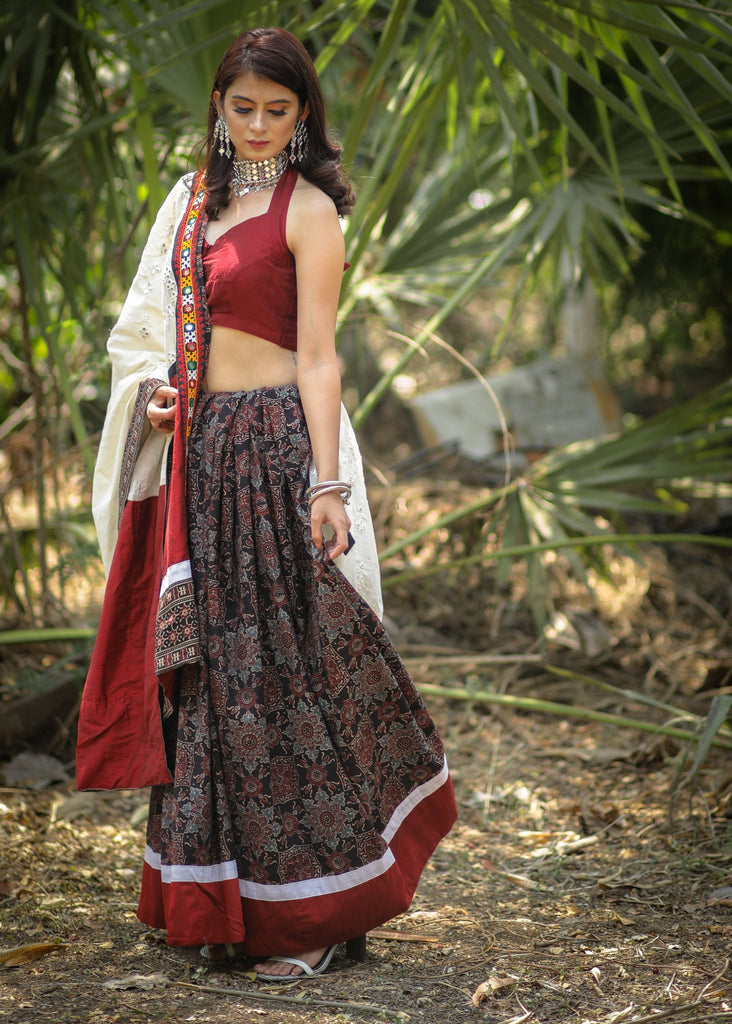 Exclusive designer mirror work saree with Ajrakh block printed pleats