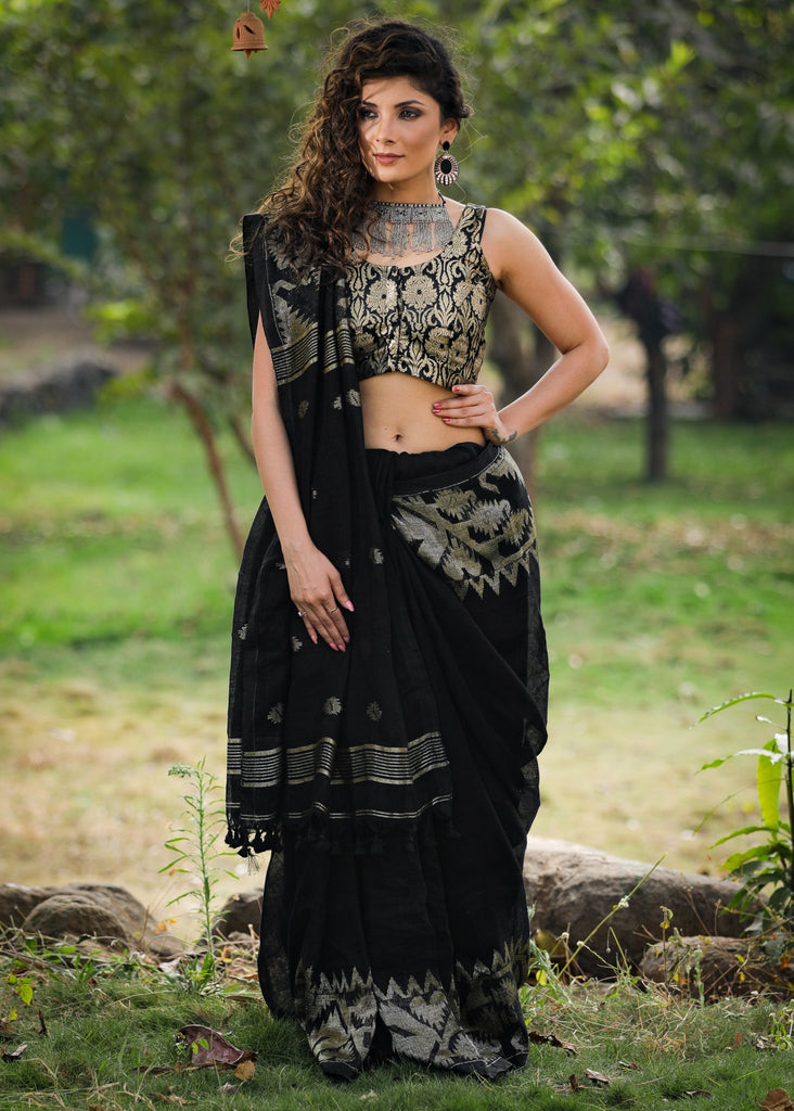 Exclusive Black Linen saree with jamdani weaving border & pallu with benarasi blouse pc