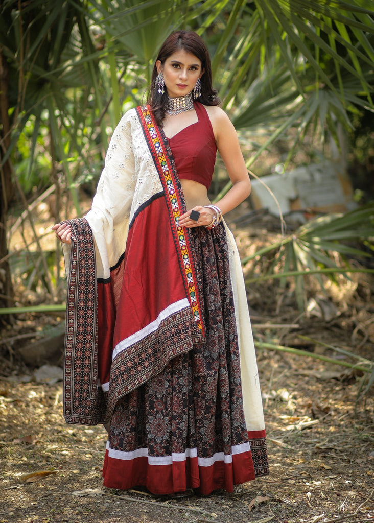 Exclusive designer mirror work saree with Ajrakh block printed pleats