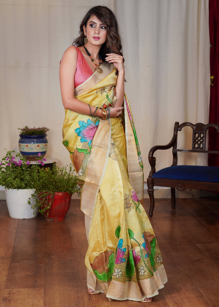 Exclusive pure silk hand batik mustard yellow saree