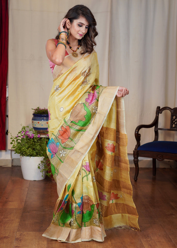 Exclusive pure silk hand batik mustard yellow saree
