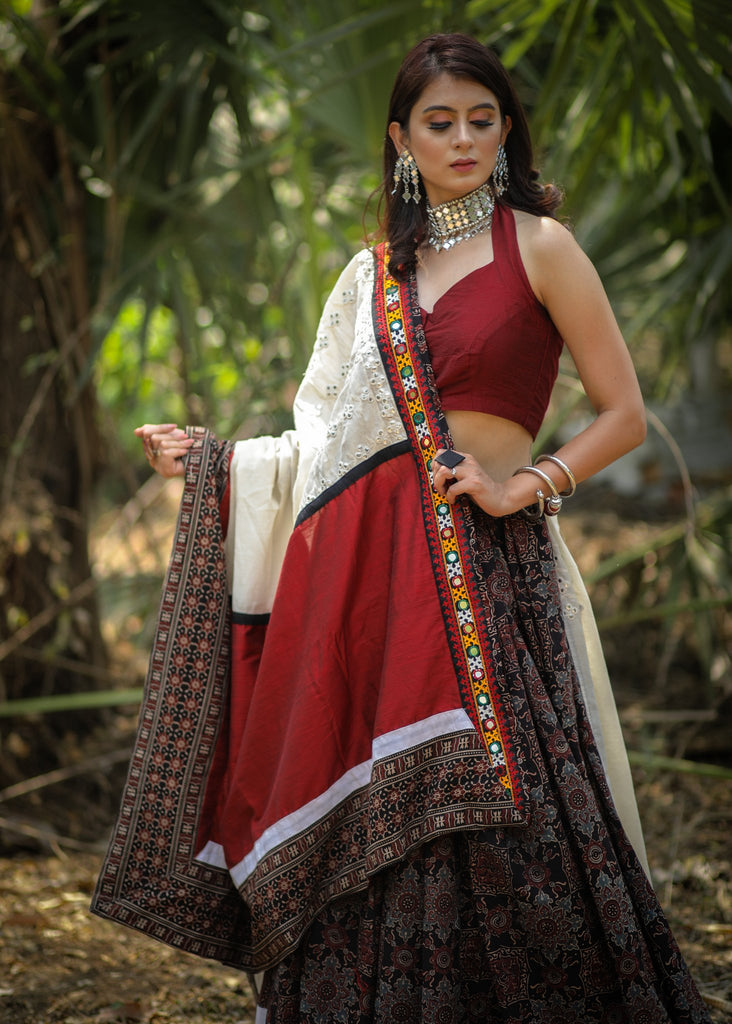 Exclusive designer mirror work saree with Ajrakh block printed pleats