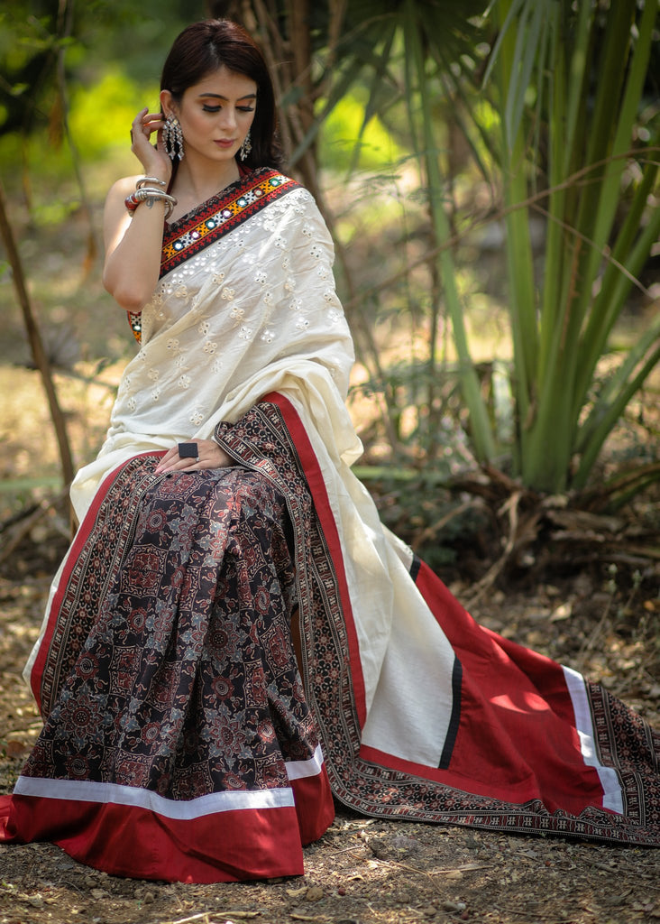 Exclusive designer mirror work saree with Ajrakh block printed pleats