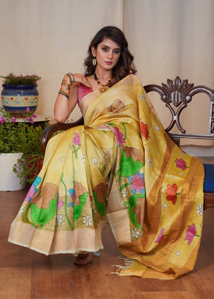 Exclusive pure silk hand batik mustard yellow saree
