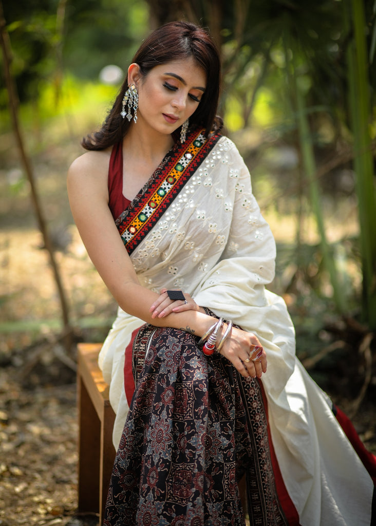 Exclusive designer mirror work saree with Ajrakh block printed pleats