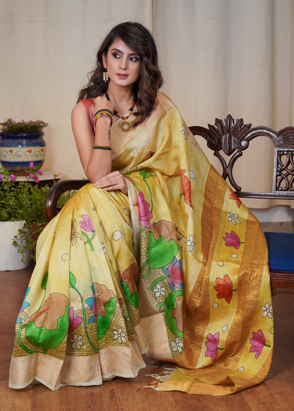 Exclusive pure silk hand batik mustard yellow saree