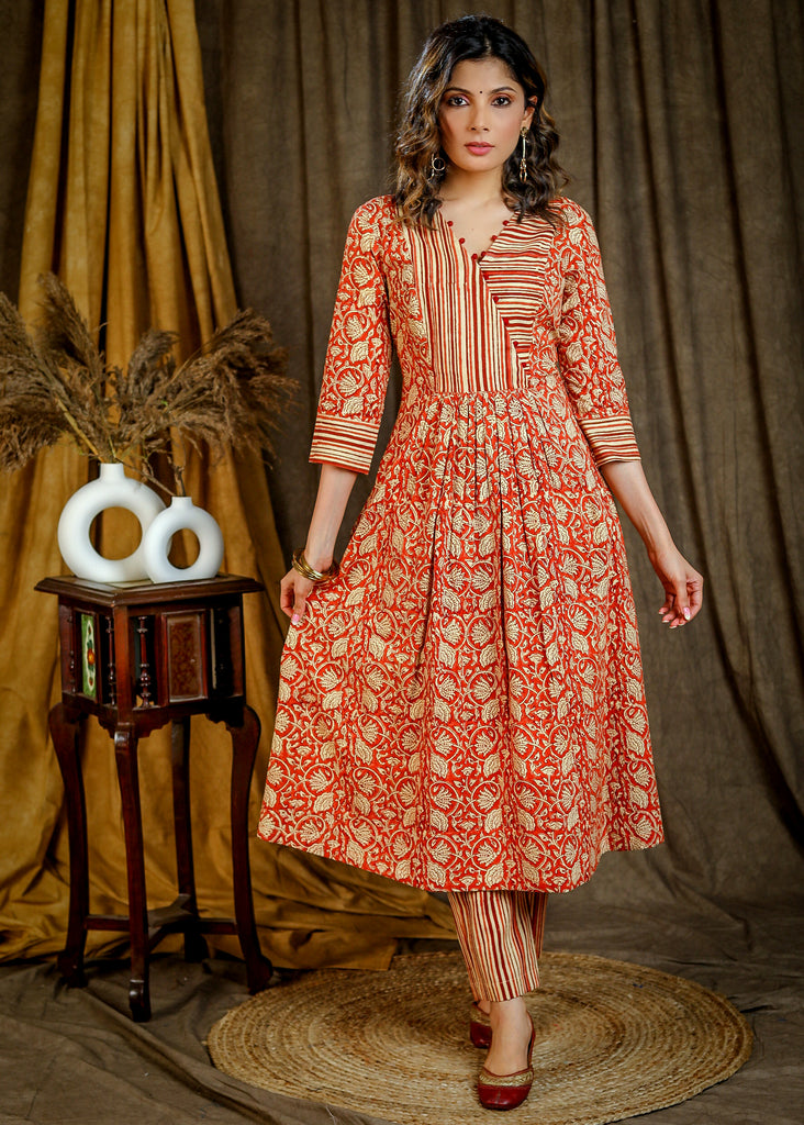 Smart A-Line Cotton Pin-tuck Kurta with Striped Yoke - Matching Pant Optional