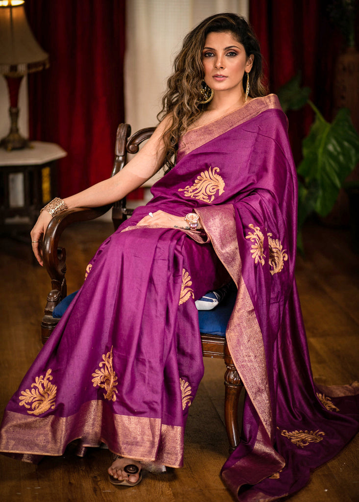 Purple designer cotton silk saree with exclusive embroidered motifs