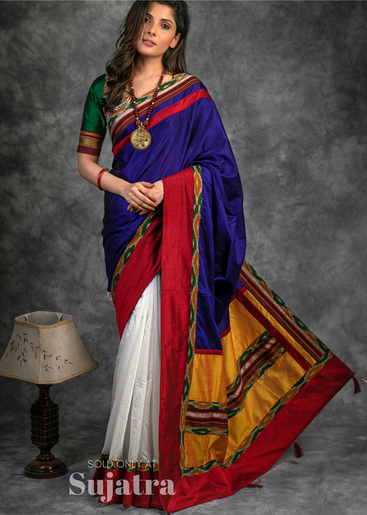 Khun & chanderi combination saree with ikat border