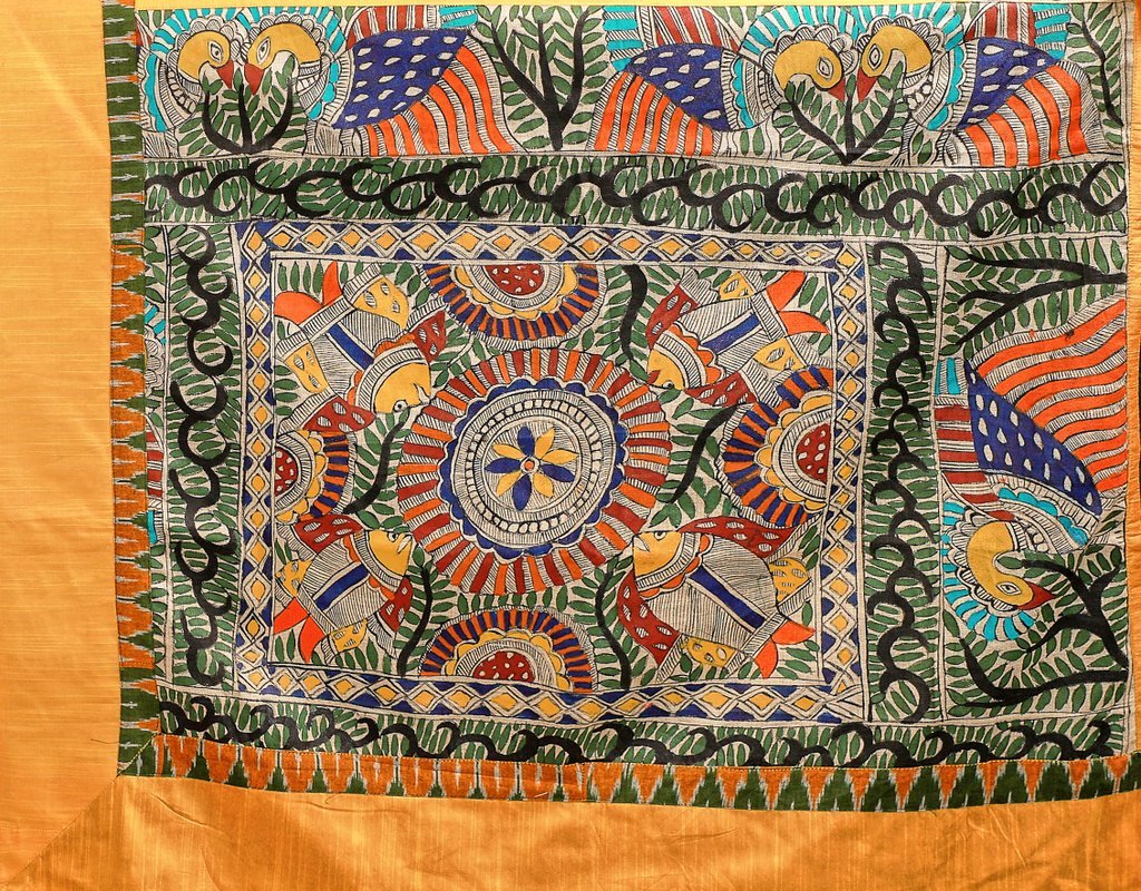 Forest Green Crepe Satin saree with hand painted madhubani border & pallu