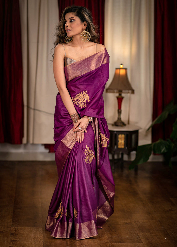 Purple designer cotton silk saree with exclusive embroidered motifs