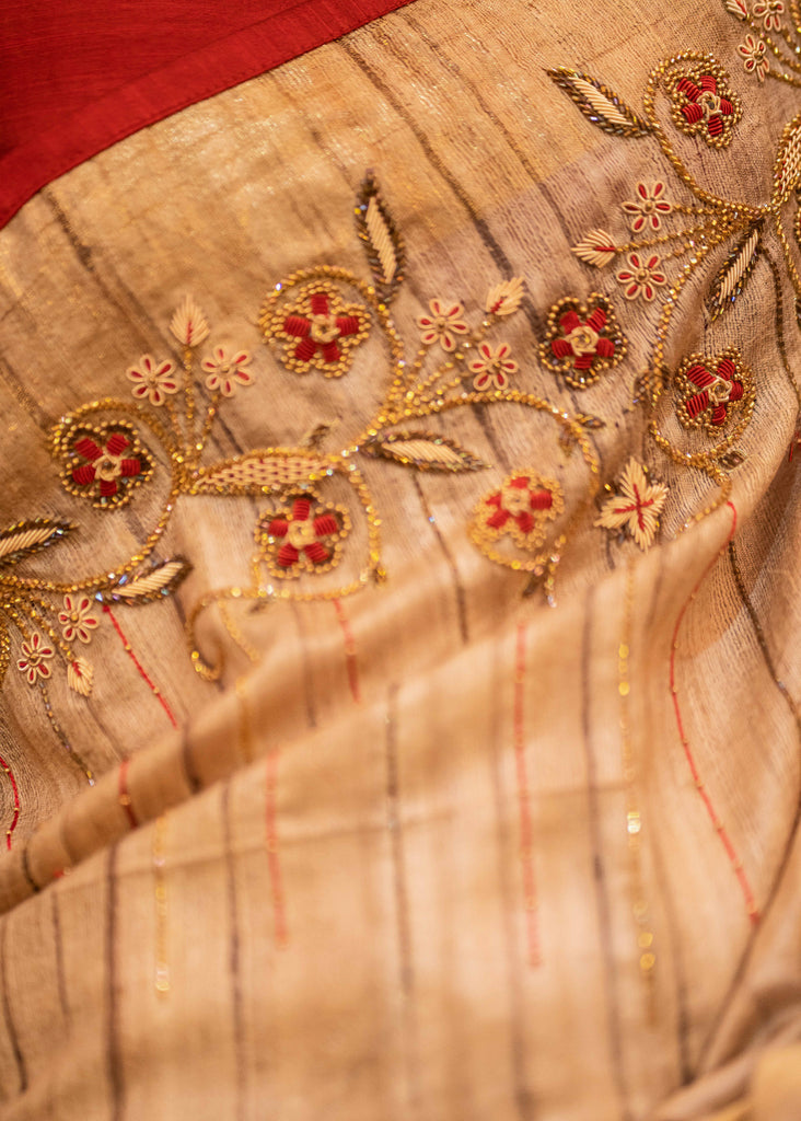 Pure ghicha silk saree with exclusive hand embroidered zardosi work - Zardosi blouse piece separate