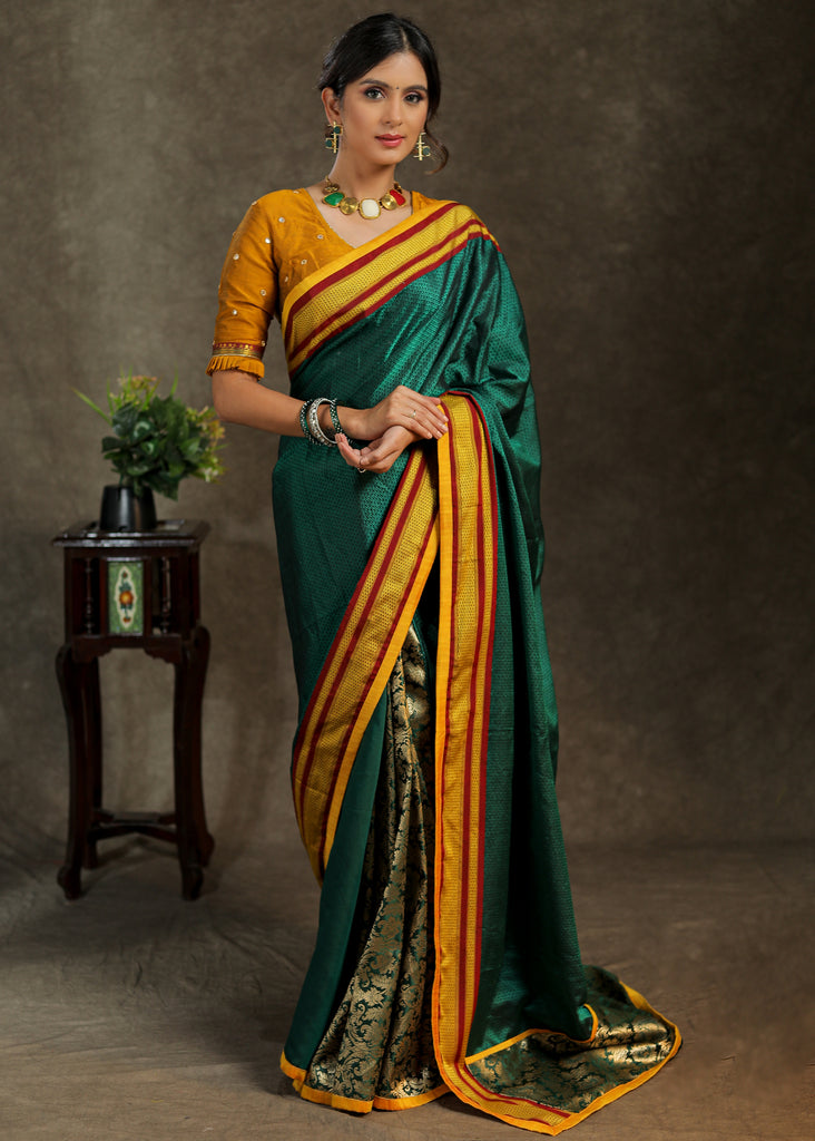 Exclusive green Khun saree with Banarasi combination and yellow border