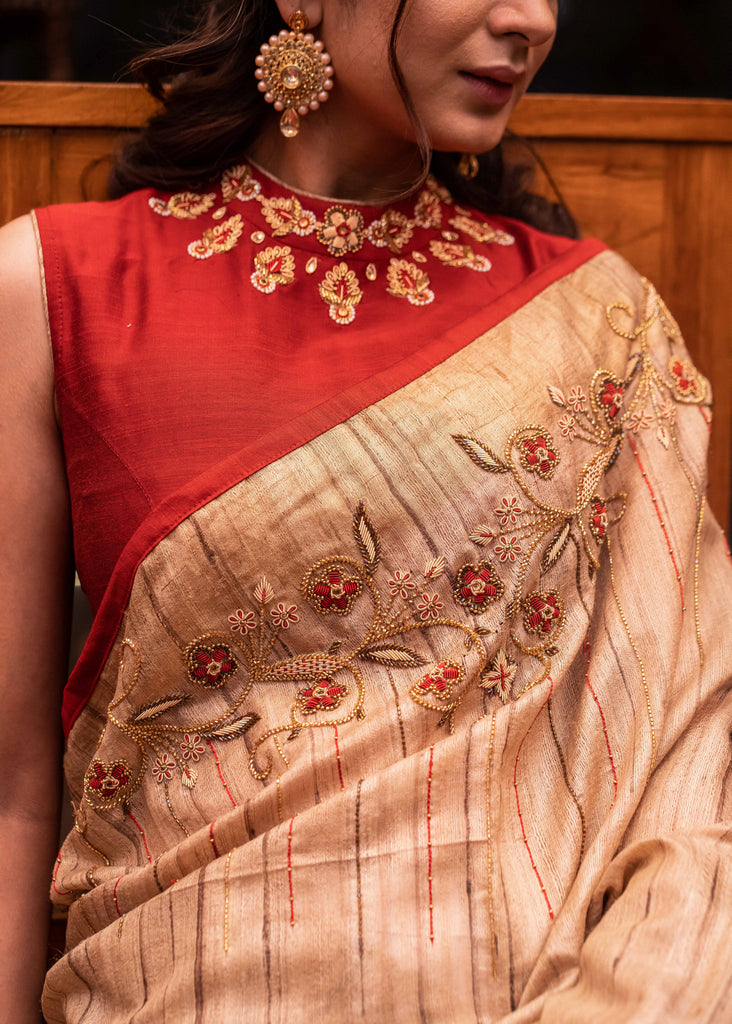 Pure ghicha silk saree with exclusive hand embroidered zardosi work - Zardosi blouse piece separate