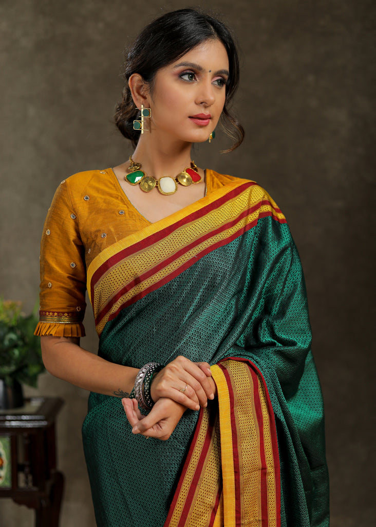 Exclusive green Khun saree with Banarasi combination and yellow border