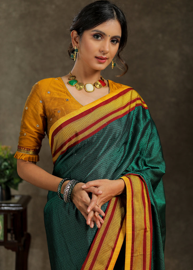 Exclusive green Khun saree with Banarasi combination and yellow border