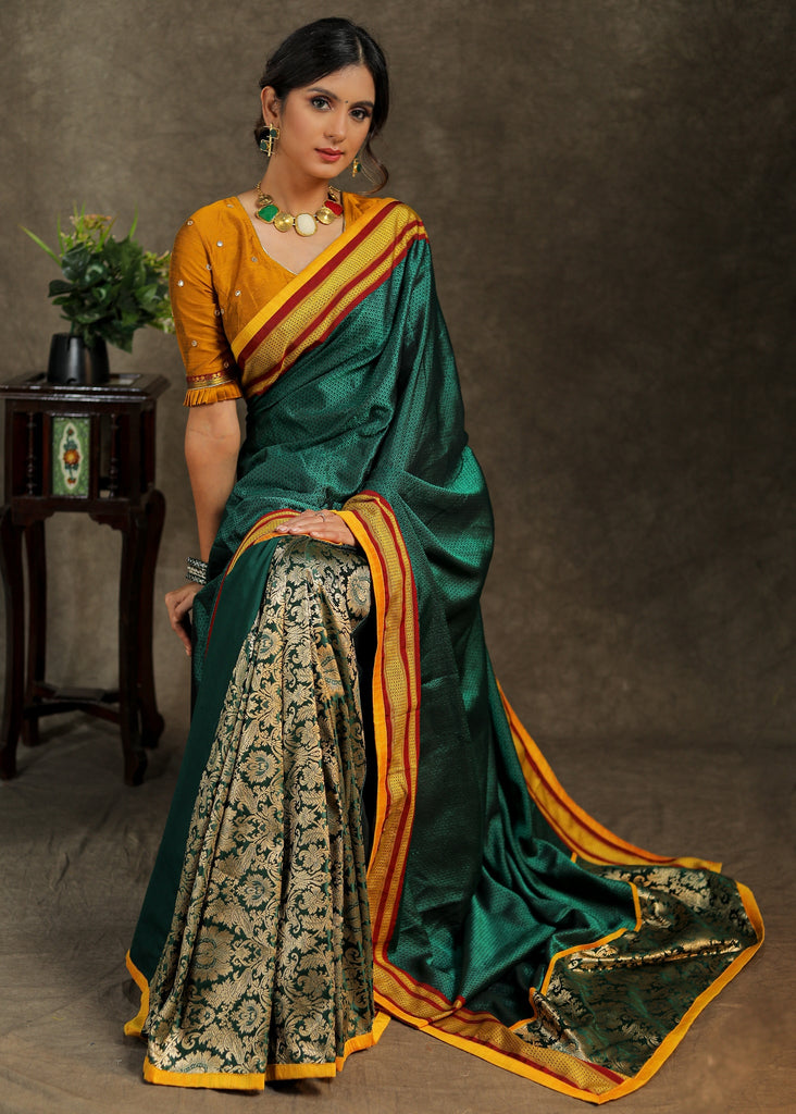 Exclusive Green Khun Saree With Banarasi Combination And Yellow Border