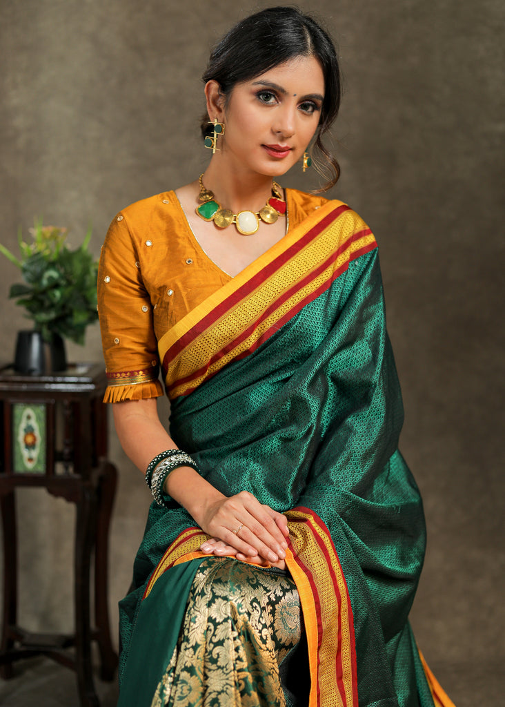 Exclusive green Khun saree with Banarasi combination and yellow border