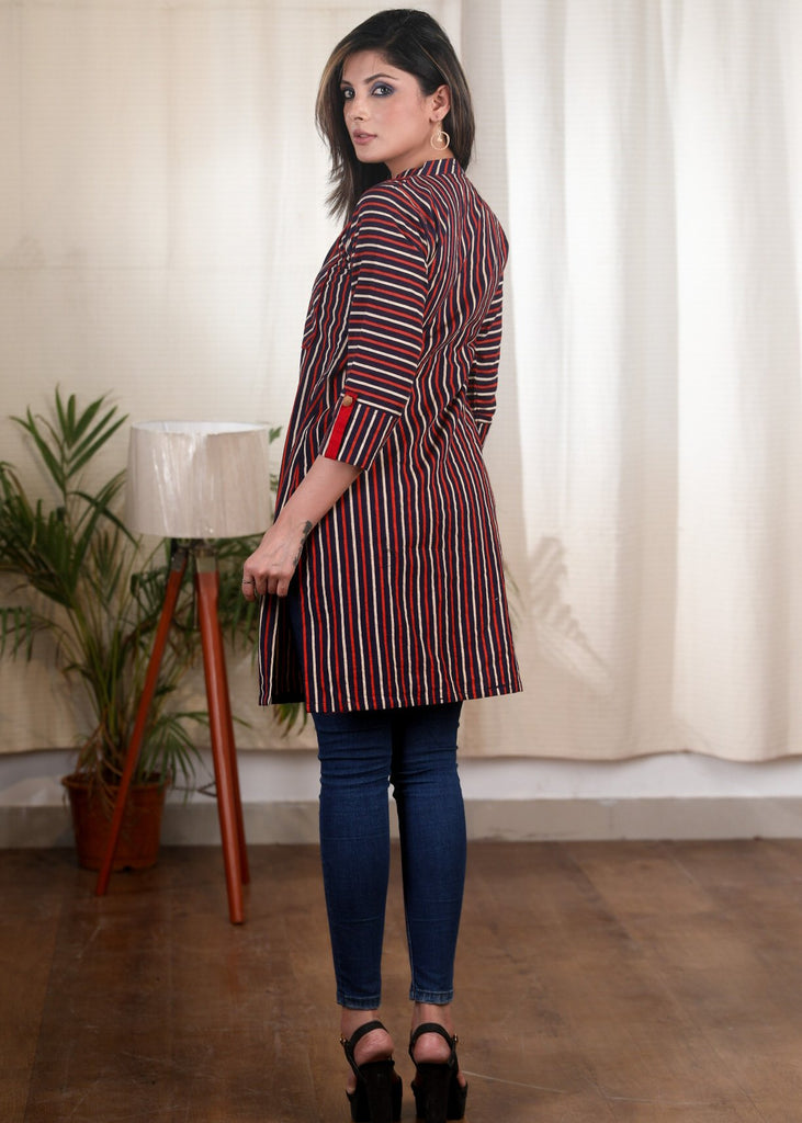 Multi coloured striped Ajrakh cotton tunic
