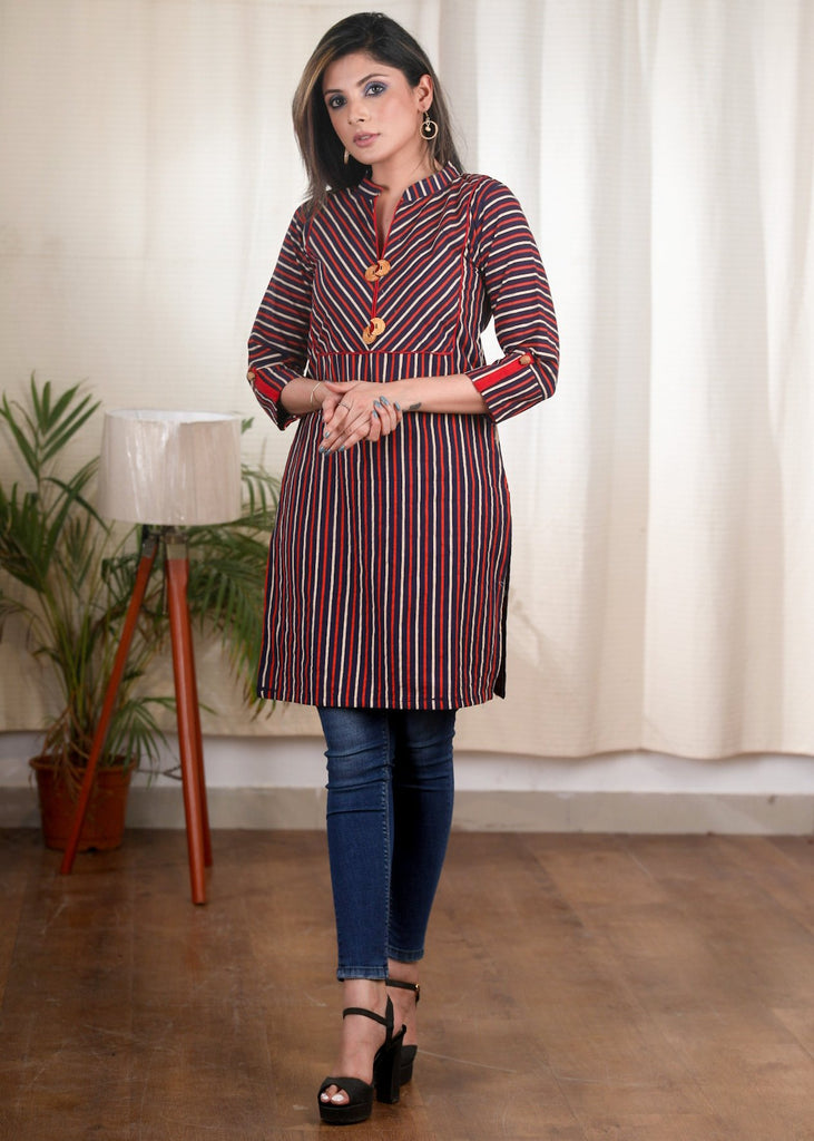 Multi coloured striped Ajrakh cotton tunic