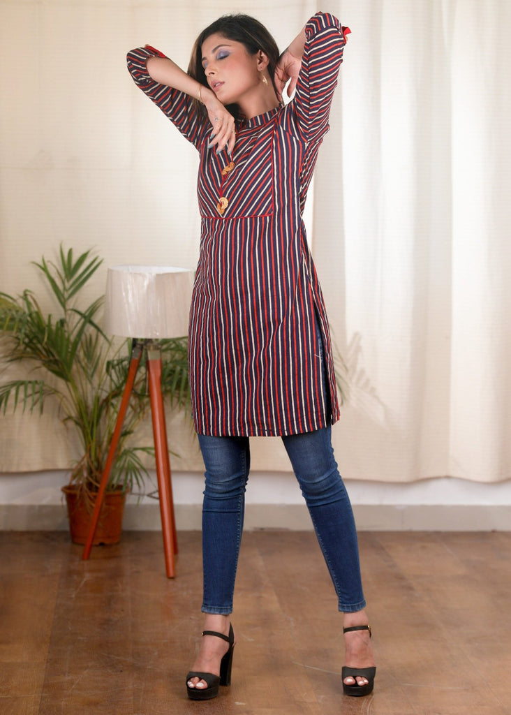 Multi coloured striped Ajrakh cotton tunic