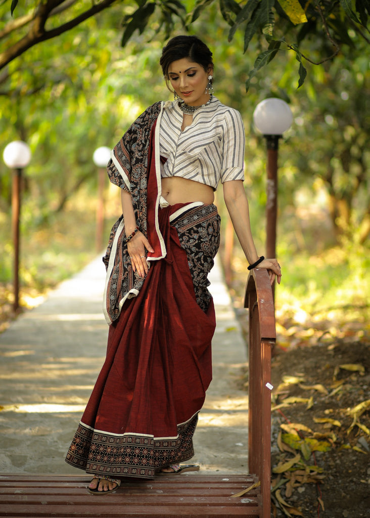 Exclusive block printed Ajrakh & maroon handloom cotton combination saree