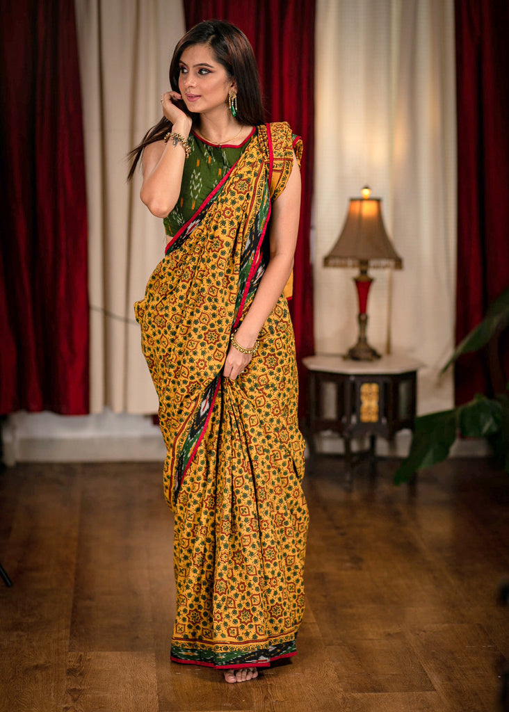 Exclusive hand block printed yellow Ajrakh saree